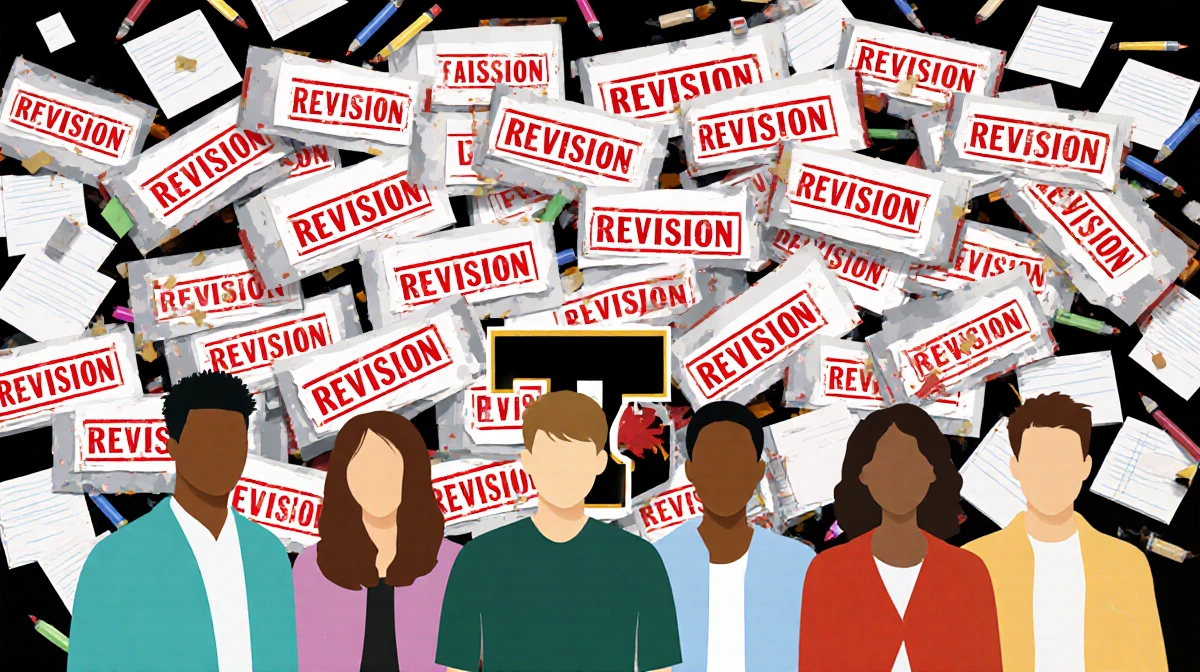 Diverse students stand concerned among hundreds of course booklets with red revision stamps showing Texas Tech logo