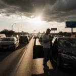Frustrated driver checking phone beside traffic jam with construction signs and dark swirling clouds overhead