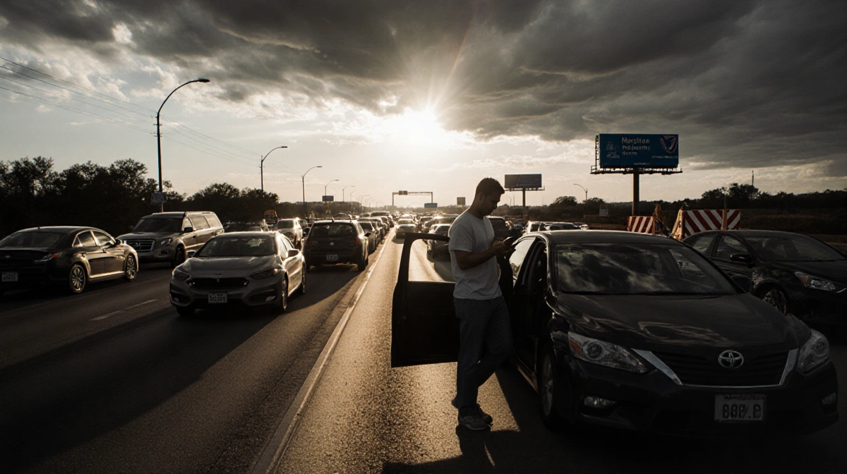Frustrated driver checking phone beside traffic jam with construction signs and dark swirling clouds overhead