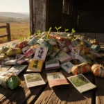 Unwanted seed packets piled on rustic Texas table with Chinese labels and seedlings sprouting