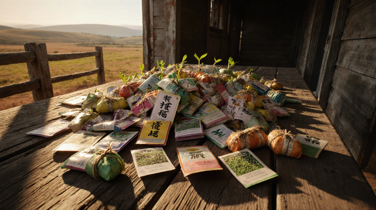 Unwanted seed packets piled on rustic Texas table with Chinese labels and seedlings sprouting