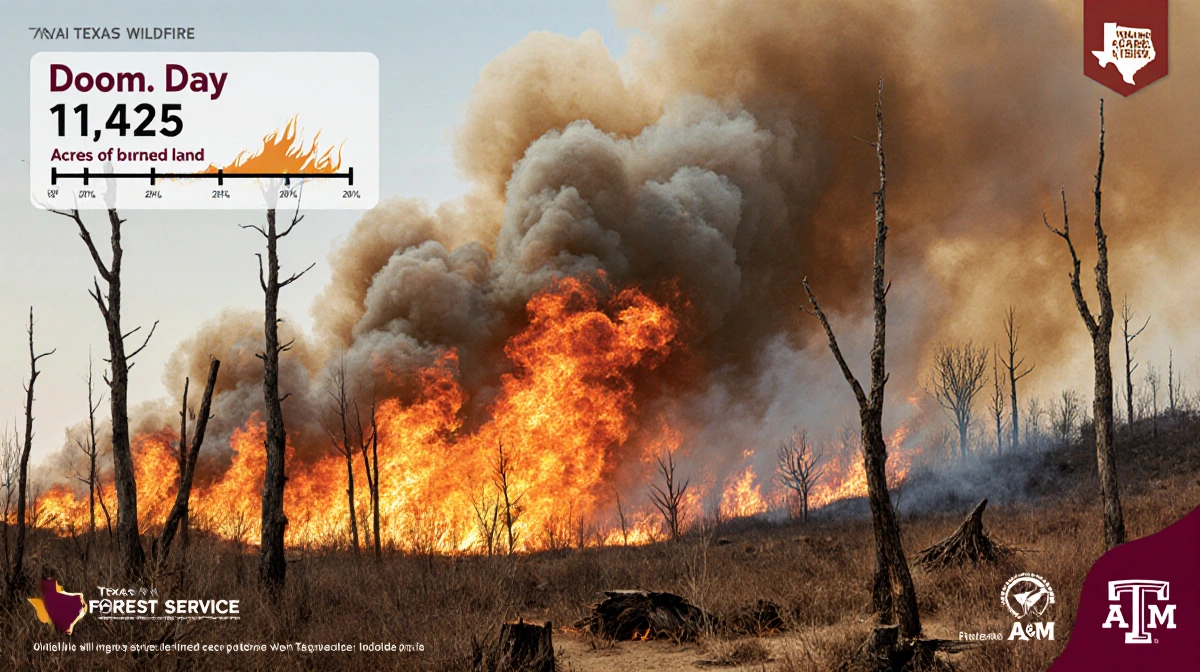 Texas wildfire engulfs dry terrain with flames racing across scorched earth and smoke rising over charred trees