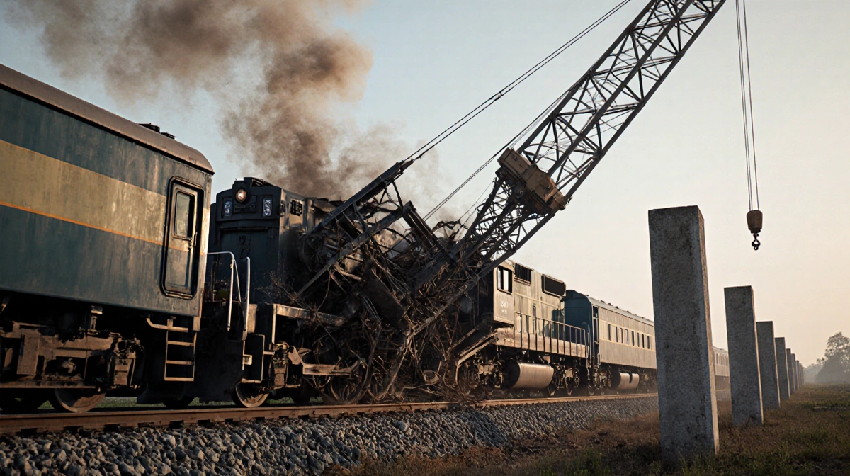Crane collapsing onto train with twisted metal and smoke near concrete pillars