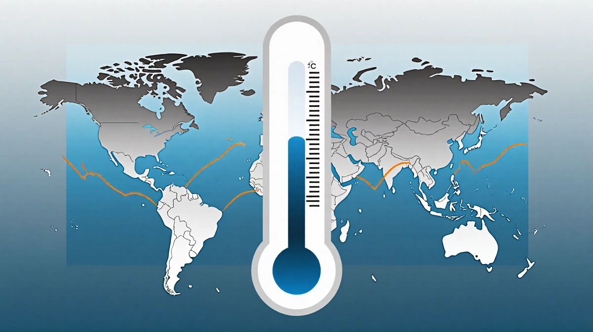 Thermometer red mercury rising past 1.5°C mark with Earth map showing global warming temperature lines