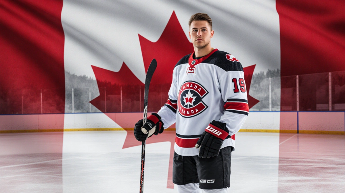 Thomas Harley stands confidently with hockey stick near Canadian flag and snowy backdrop
