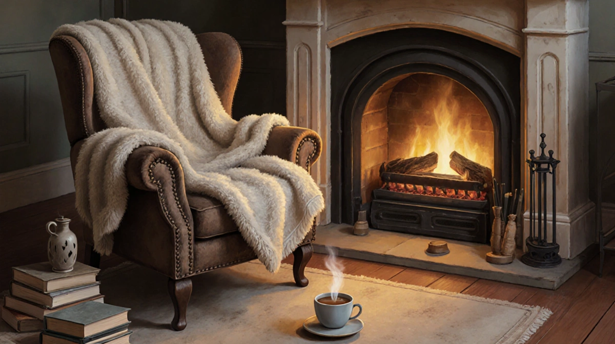 Plush throw blanket nestles in cozy armchair with warm fireplace glow and steaming coffee nearby