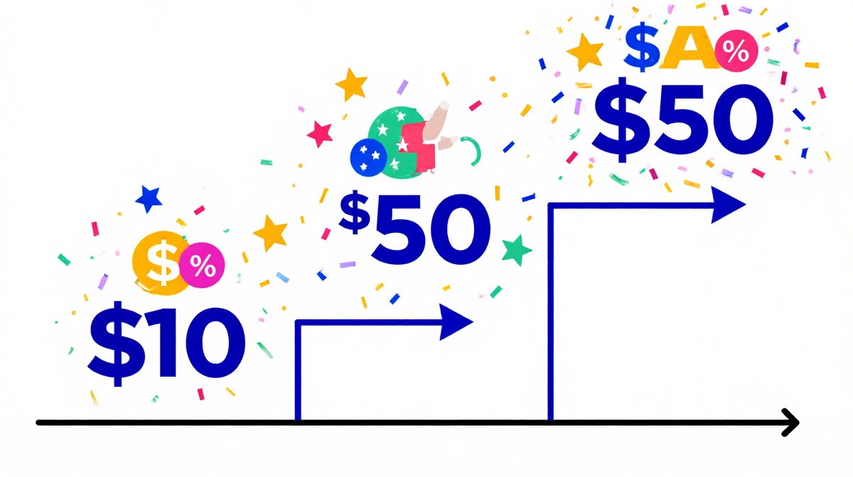 Three colorful spending tiers show discount rewards with $10 $20 and $50 savings and playful icons