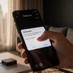 Hand hovering over a phone screen with a TikTok pop‑up notification in a modern living room and a faint cityscape outside.