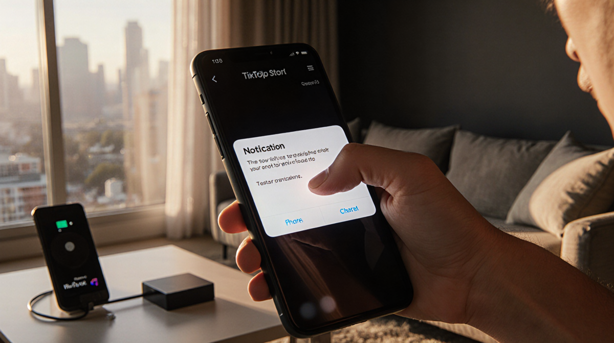 Hand hovering over a phone screen with a TikTok pop‑up notification in a modern living room and a faint cityscape outside.