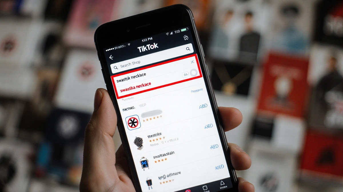 Smartphone shows TikTok Shop search bar with red swastika necklace query and disturbing product hints with blurred items behi