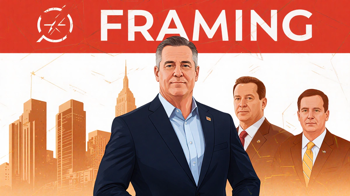 Governor Tim Walz stands confidently before city skyline with red Framing banner and blurred officials in background