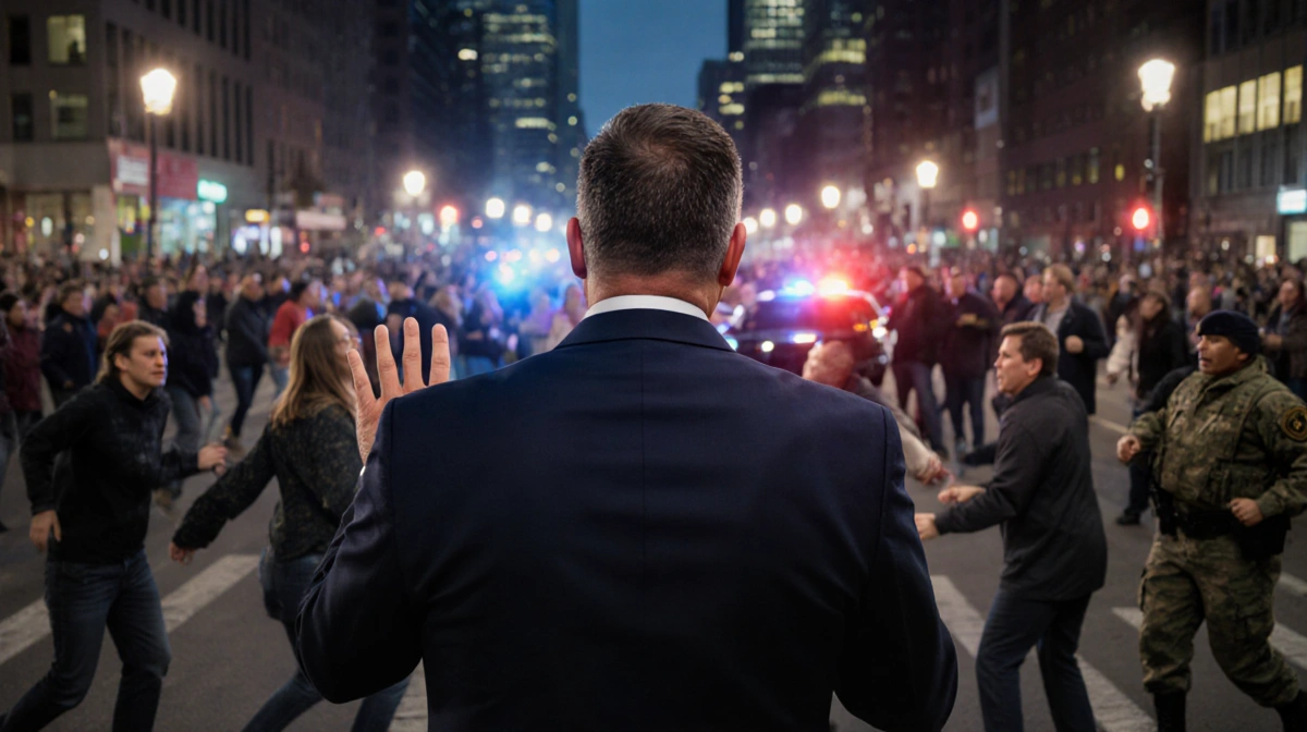 Governor Walz addresses crowd with police lights flashing and people dispersing behind him