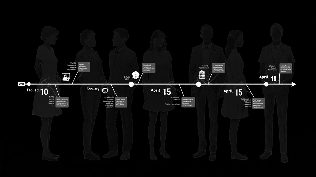 Dark timeline showing February 10 March 15 April 20 with faint silhouettes of woman and man connected to the sequence