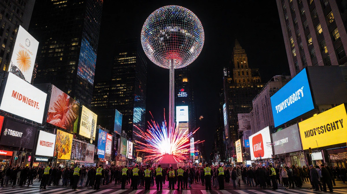 Times Square ball drop rising with colorful lights and anti-terrorism teams watching New Year's Eve crowd