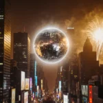 Crystal ball hanging high above Times Square with glowing skyscrapers and fireworks illuminating the night