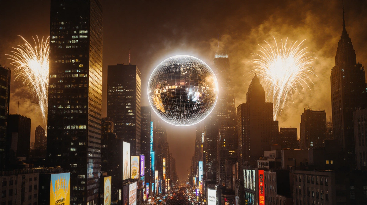 Crystal ball hanging high above Times Square with glowing skyscrapers and fireworks illuminating the night