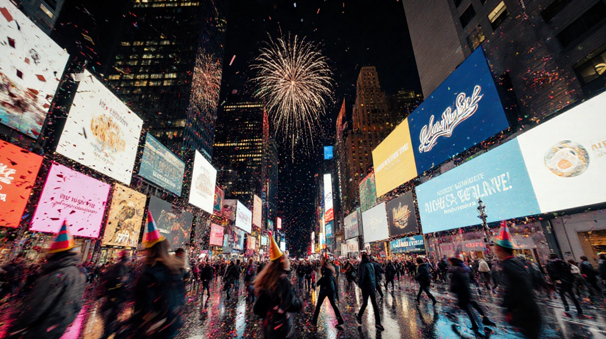 Crowd rushing to catch countdown in Times Square with fireworks lighting wet pavement and neon billboards.