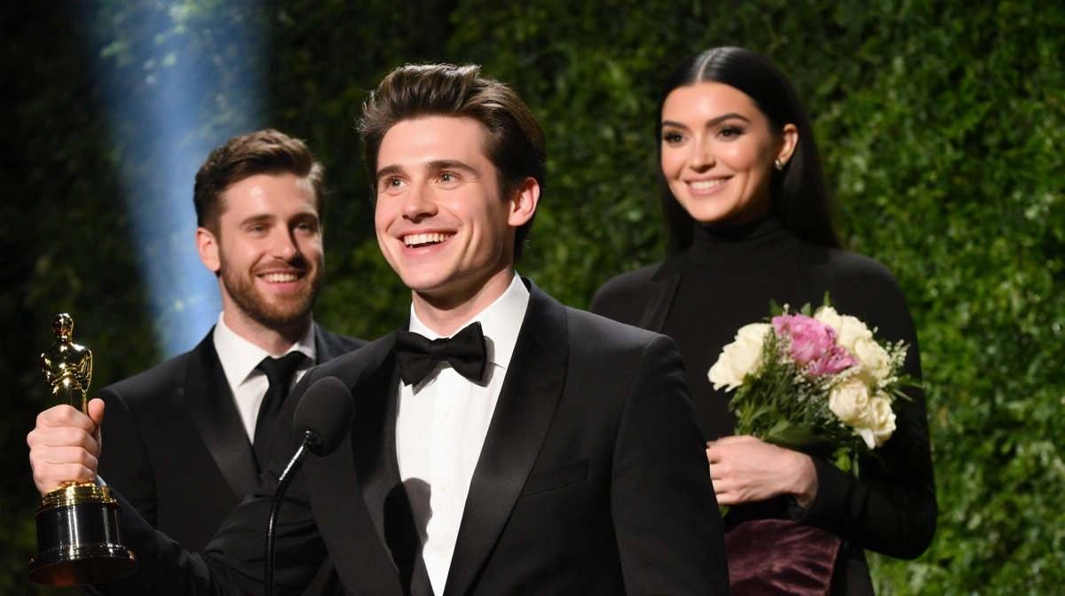 Timothée Chalamet accepting his award with a warm smile and lush greenery behind him while Josh Safdie holds award ceremony.