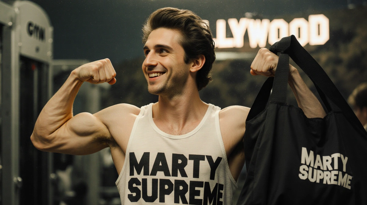 Timothée Chalamet flexing in gym mirror with Marty Supreme tank top and Hollywood sign visible behind