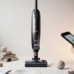 Tineco Go Pet cordless vacuum cleaner centered with warm lighting and a blurred tablet hinting at online deals