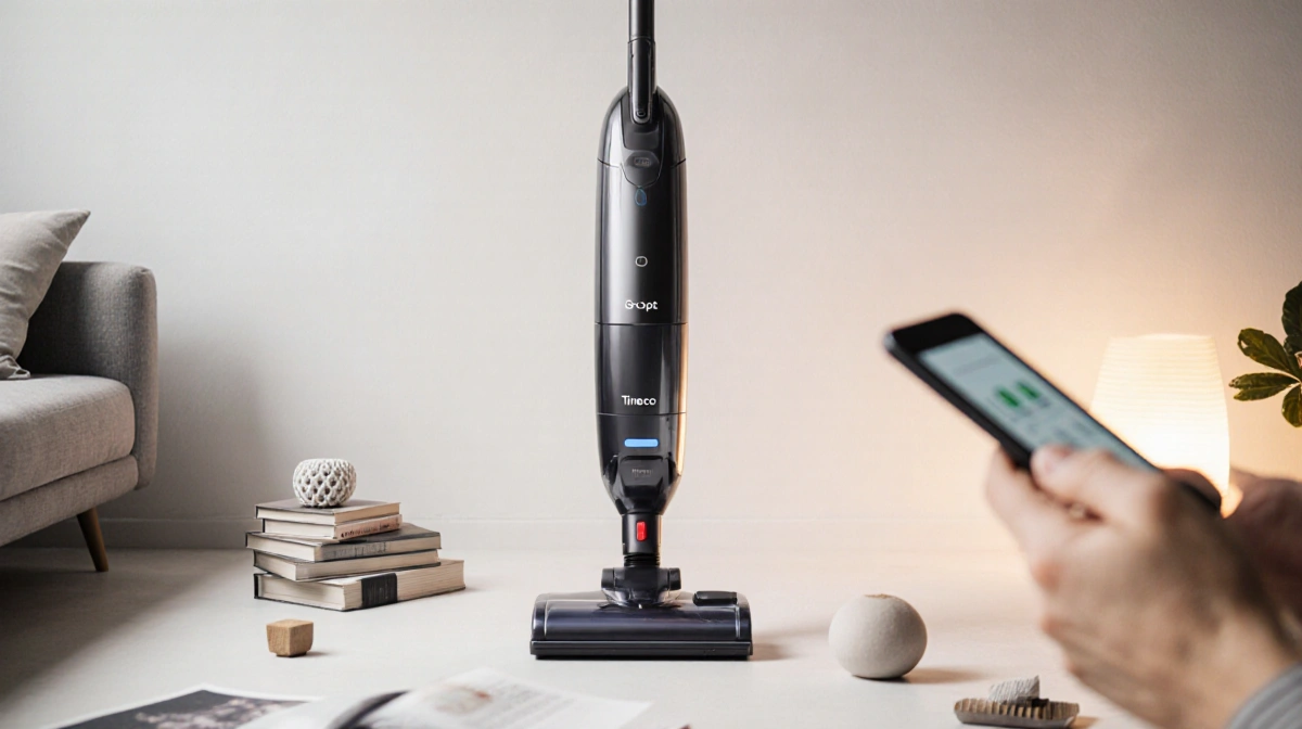Tineco Go Pet cordless vacuum cleaner centered with warm lighting and a blurred tablet hinting at online deals