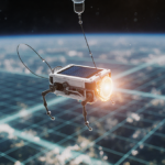 Robot hovering with glowing solar cell and electric field lines against blurred ocean grid.