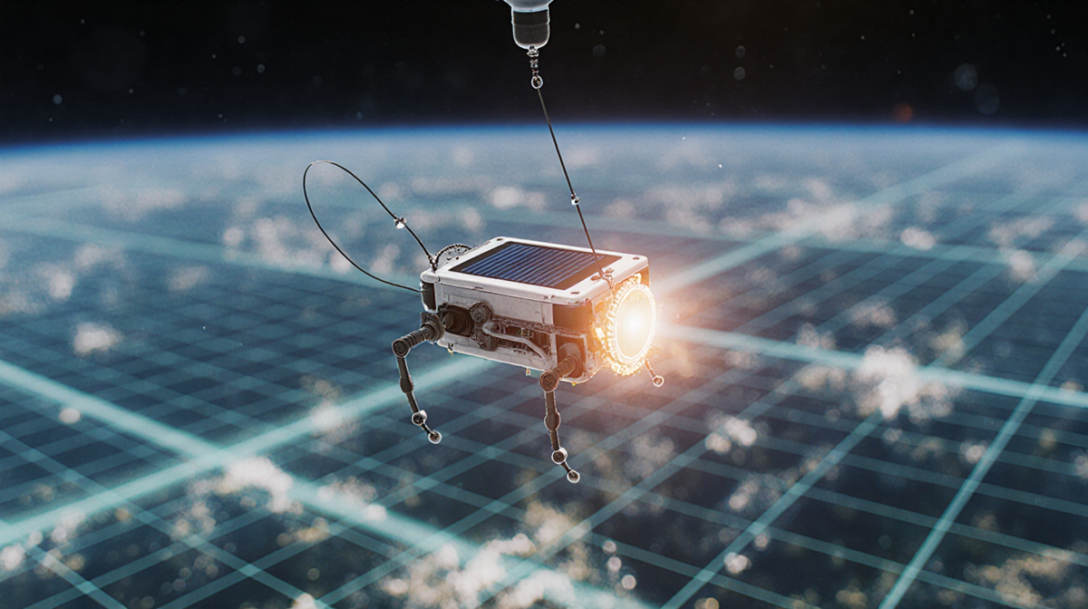 Robot hovering with glowing solar cell and electric field lines against blurred ocean grid.
