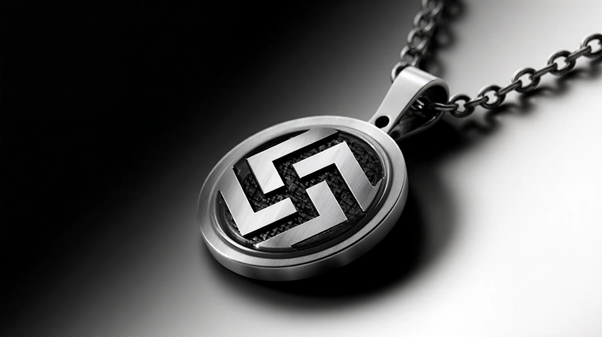 Modern titanium necklace pendant showing minimalist swastika symbol with dark gradient background