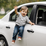 Toddler playing with toy car in backyard.