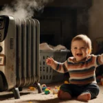 Toddler sits on floor with heater named Jeff and steam while toys scatter nearby.
