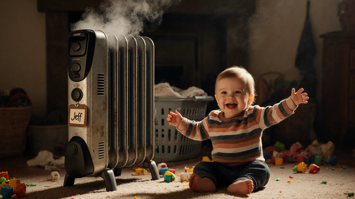 Toddler sits on floor with heater named Jeff and steam while toys scatter nearby.