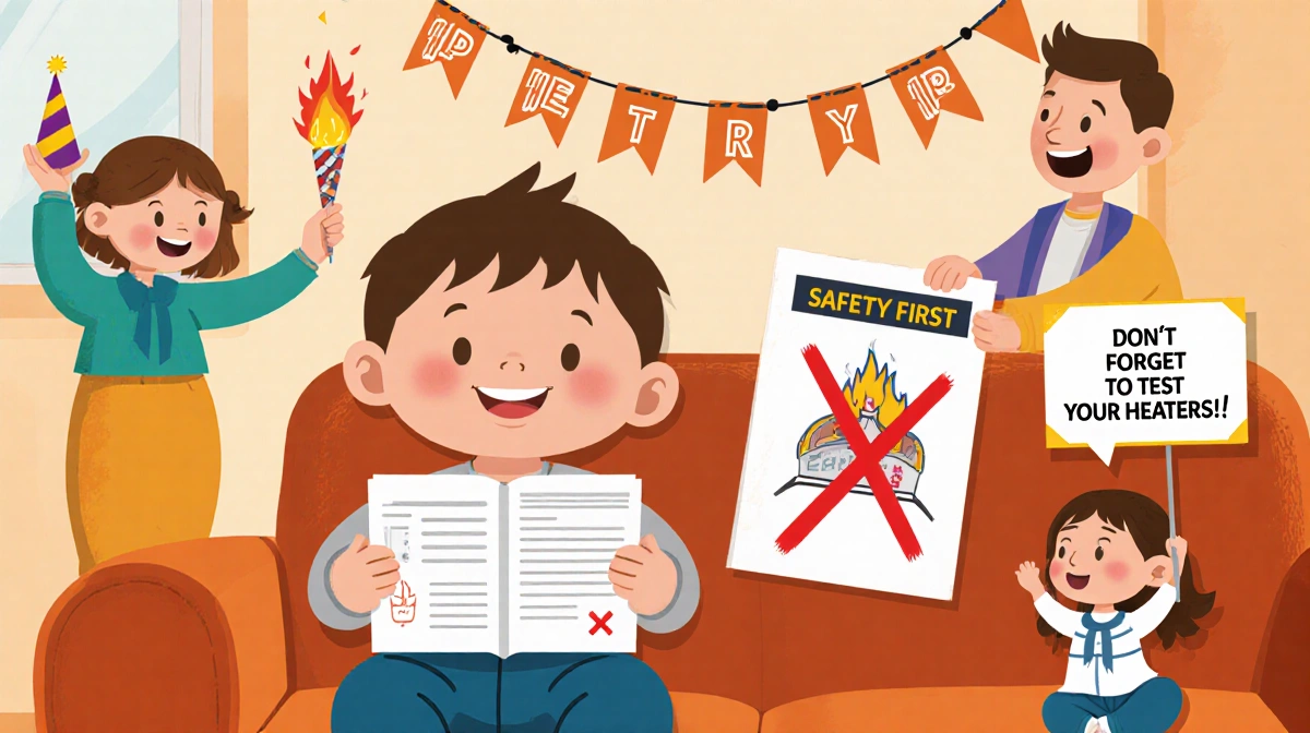 Toddler sits on couch looking at safety manual with red X and banner near party hat child holding heater test sign.