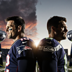 Tom Brady and Russell Wilson hold Vince Lombardi Trophy aloft with Patriots and Seahawks stadiums in split background