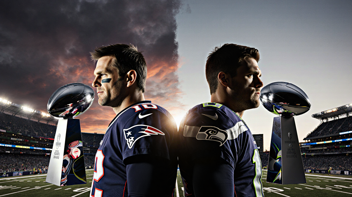 Tom Brady and Russell Wilson hold Vince Lombardi Trophy aloft with Patriots and Seahawks stadiums in split background