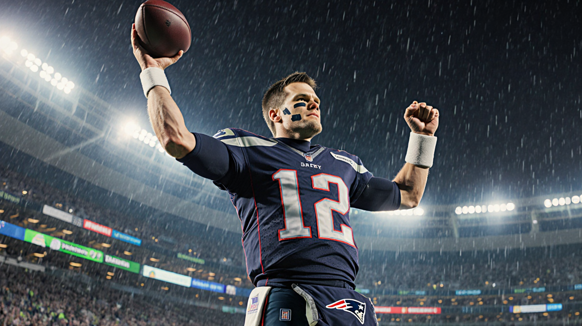 Tom Brady in end zone with arms raised and football held high beside blue-lit Seattle stadium at night