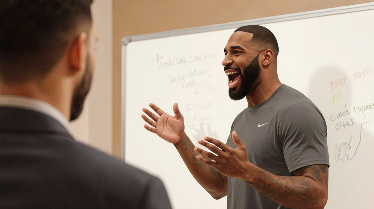 Coach Tomlin gesturing at whiteboard with Spoelstra watching and warm lighting showing leadership