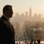 Tommy Lee Jones standing with a single rose on the floor beside him and a faintly lit foggy San Francisco cityscape behind hi