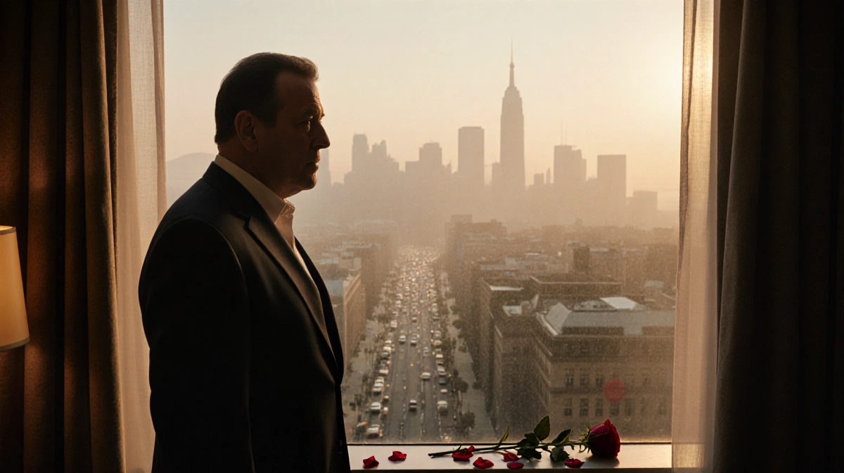 Tommy Lee Jones standing with a single rose on the floor beside him and a faintly lit foggy San Francisco cityscape behind hi