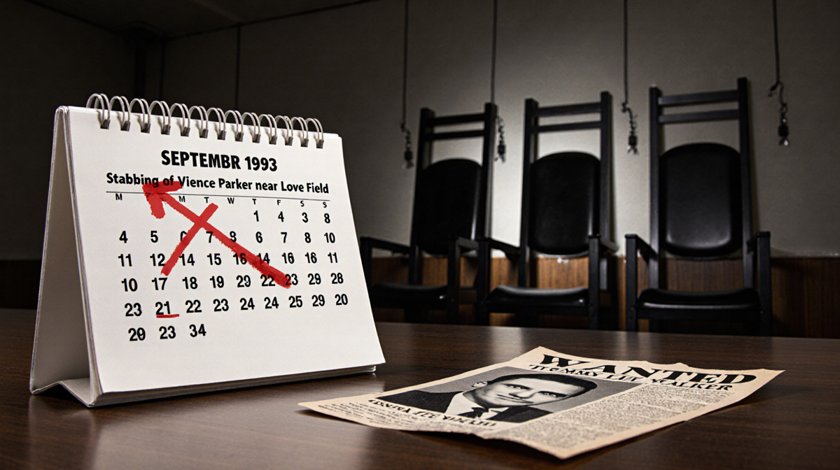 Calendar marked with arrow to 1953 stabbing event with Tommy Lee Walker with red X on a courtroom and electric chair backdrop