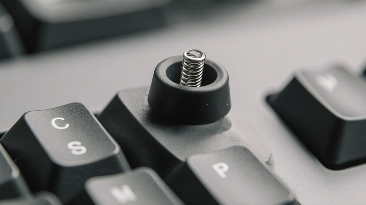 Topre switch rubber dome compressing with conical spring visible through gap and blurred keyboard layout behind