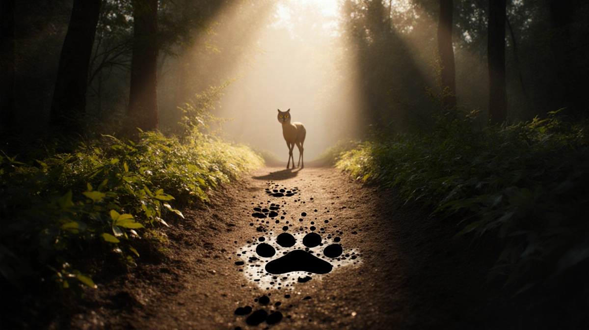 Paw print leaks dark droplets into forest trail with wary deer approaching through hazy golden light