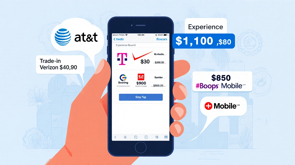 Person holding smartphone with carrier logos and floating trade-in credits showing savings