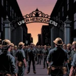 Electricians and plumbers gather at union headquarters gate with hard hats and tool belts showing solidarity