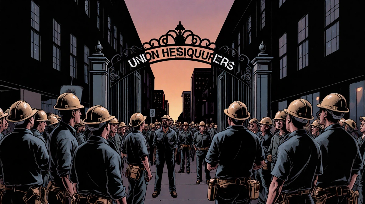 Electricians and plumbers gather at union headquarters gate with hard hats and tool belts showing solidarity