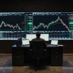 Trader analyzes stock market data on computer with luxury trading room and golden lighting behind