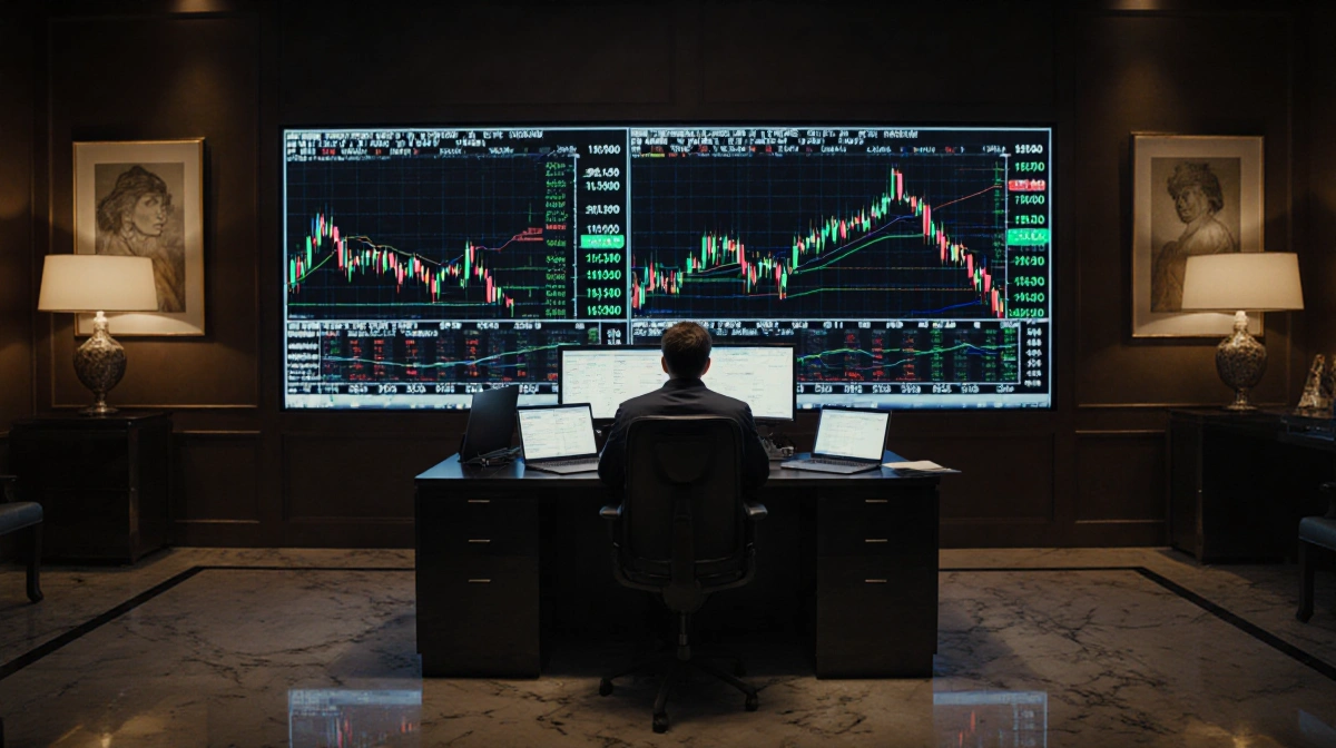 Trader analyzes stock market data on computer with luxury trading room and golden lighting behind