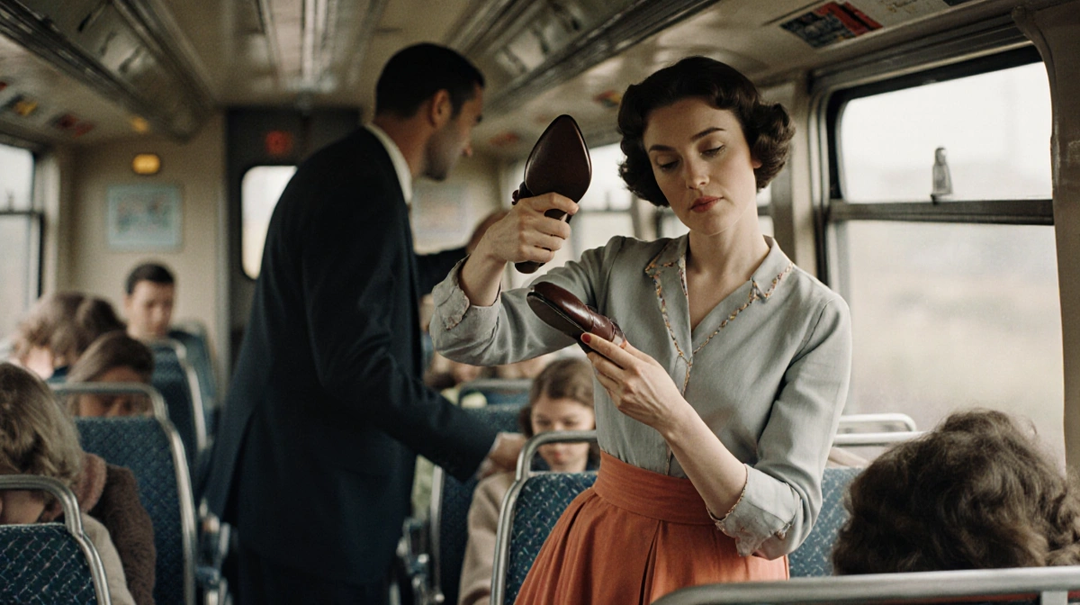 Camilla stands defiantly holding a shoe with one hand ready to strike in a 1960s train carriage with blurred passengers and v