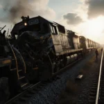 Two trains collide with mangled wreckage twisted together and injured survivors crawling from the crash site