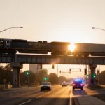 Freight train crossing a bridge with dawn sun rising behind it and warm glow on steel beams