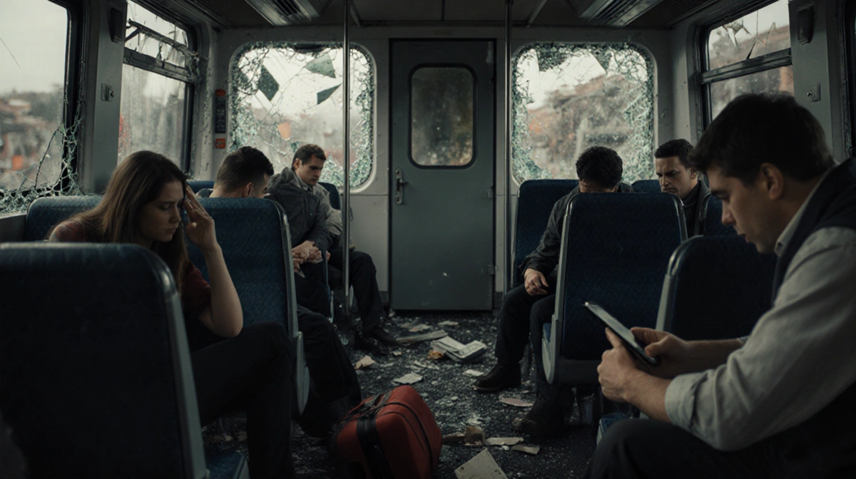 Passengers crouching in train wreckage with shattered glass and scattered luggage showing earthquake aftermath